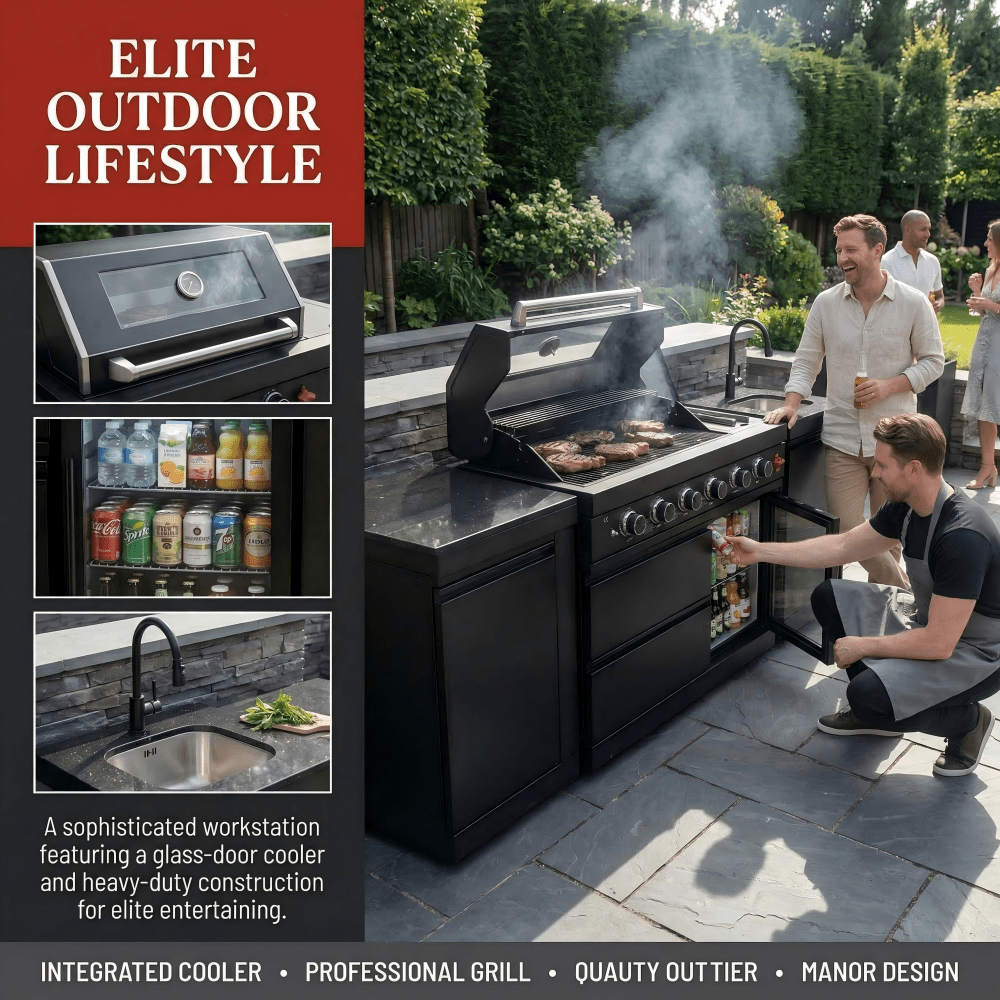 85" 4-Burner 85000 BTU Black Outdoor Kitchen Island Grill with Compact Refrigerator Marble Countertops Sink - Home Outpost Supply