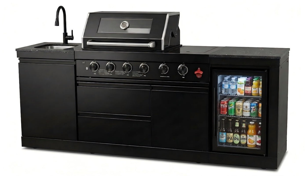 85" 4-Burner 85000 BTU Black Outdoor Kitchen Island Grill with Compact Refrigerator Marble Countertops Sink - Home Outpost Supply