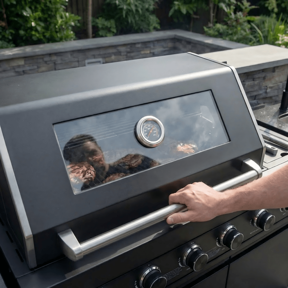 85" 4-Burner 85000 BTU Black Outdoor Kitchen Island Grill with Compact Refrigerator Marble Countertops Sink - Home Outpost Supply