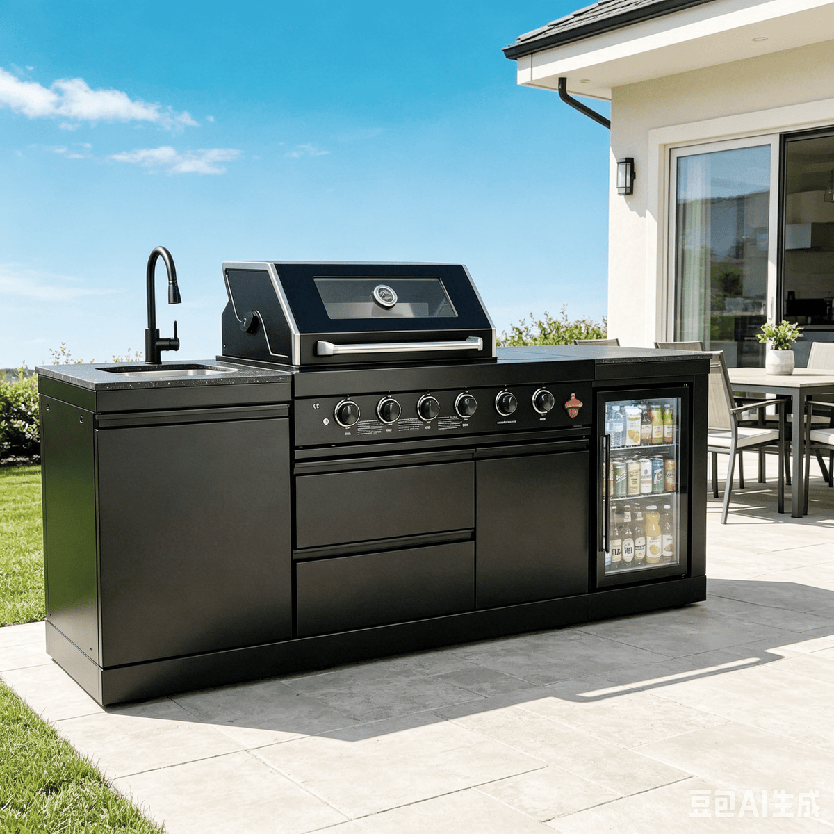85" 4-Burner 85000 BTU Black Outdoor Kitchen Island Grill with Compact Refrigerator Marble Countertops Sink - Home Outpost Supply
