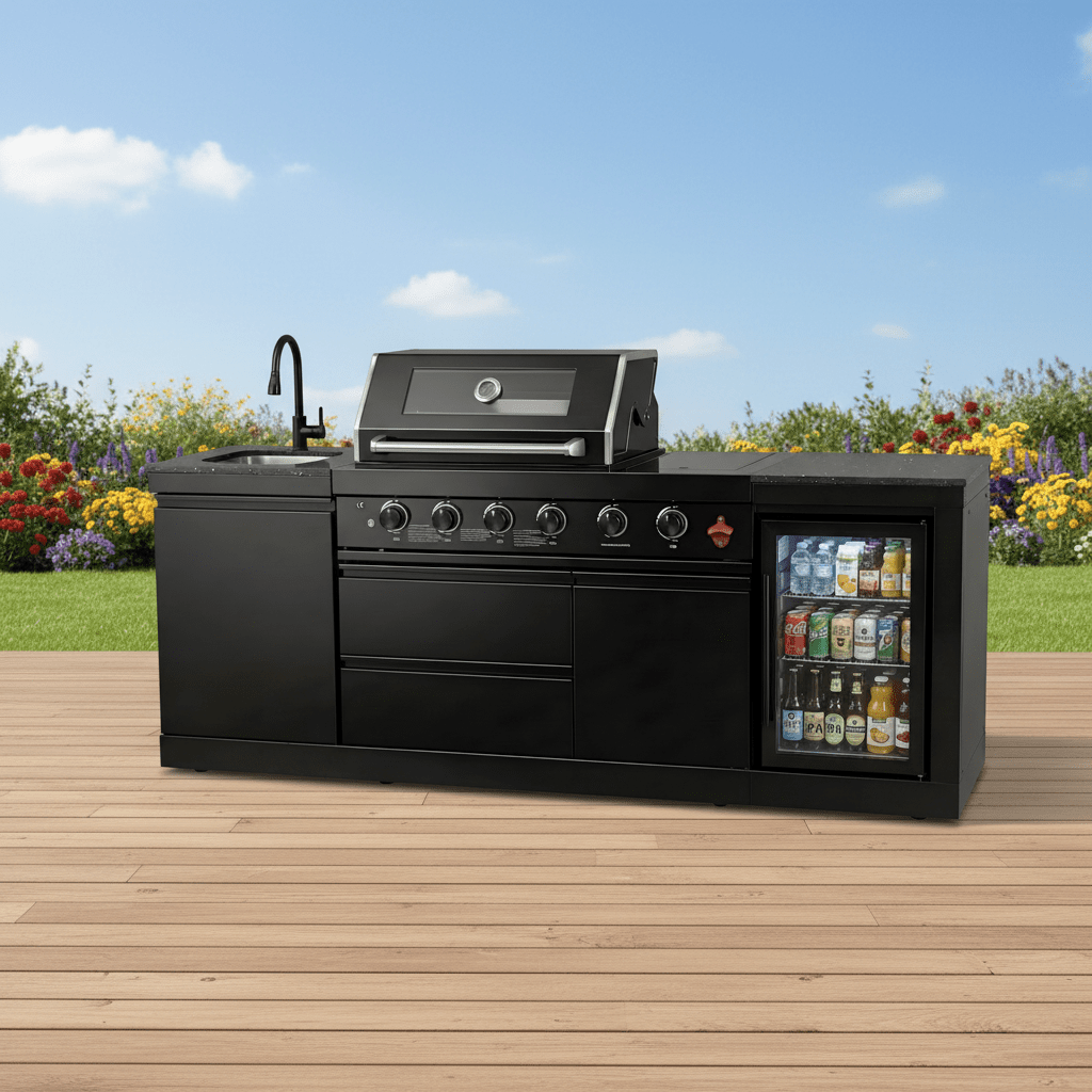 85" 4-Burner 85000 BTU Black Outdoor Kitchen Island Grill with Compact Refrigerator Marble Countertops Sink - Home Outpost Supply