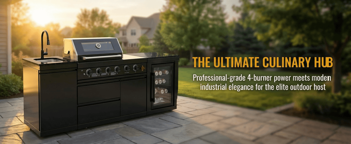 85" 4-Burner 85000 BTU Black Outdoor Kitchen Island Grill with Compact Refrigerator Marble Countertops Sink - Home Outpost Supply