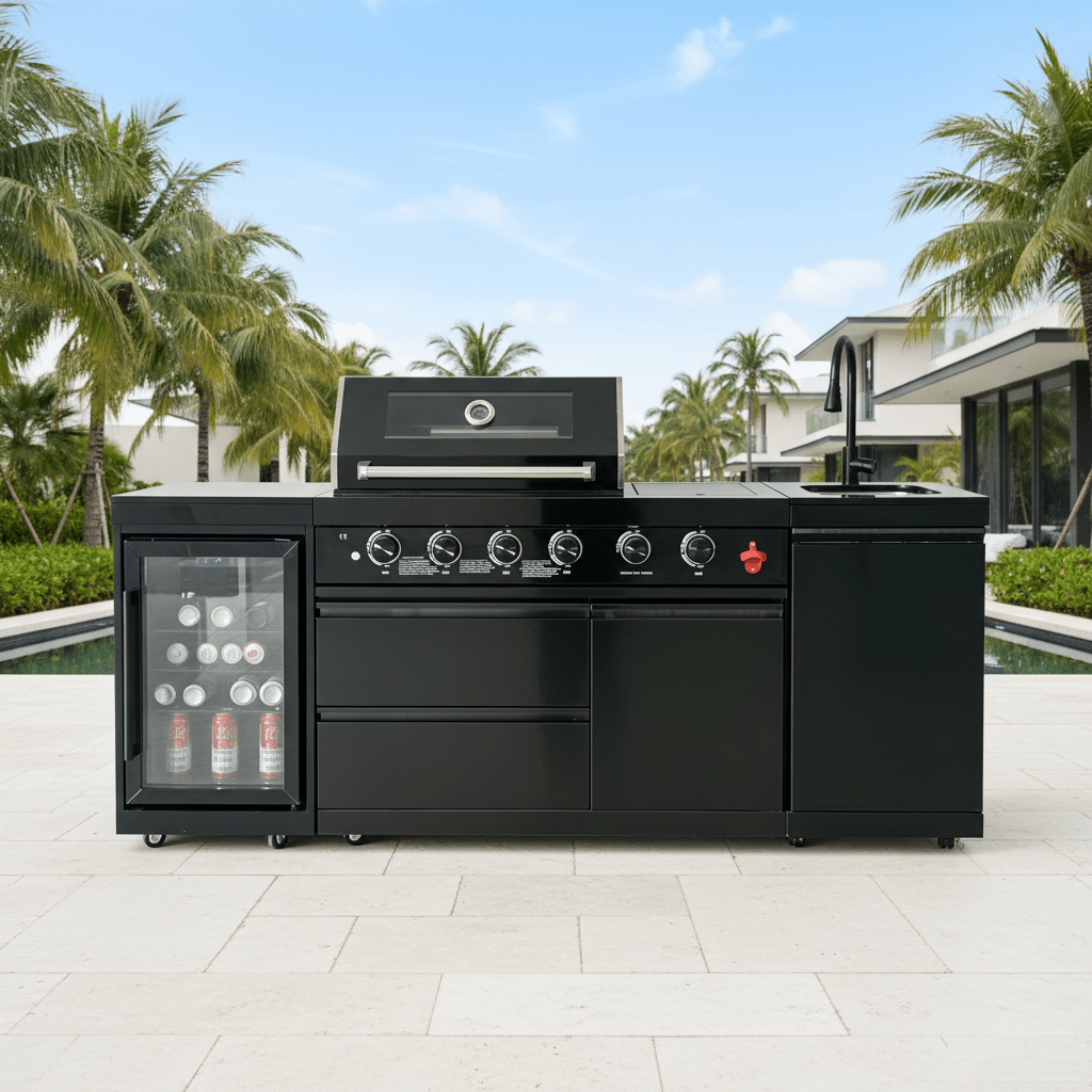 85" 4-Burner 85000 BTU Black Outdoor Kitchen Island Grill with Compact Refrigerator Marble Countertops Sink - Home Outpost Supply