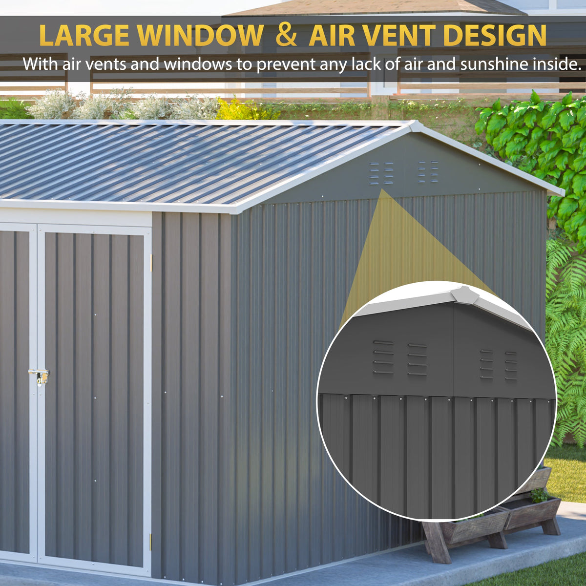 12' x 10' Outdoor Metal Storage Shed with Lockable Double Doors – Grey