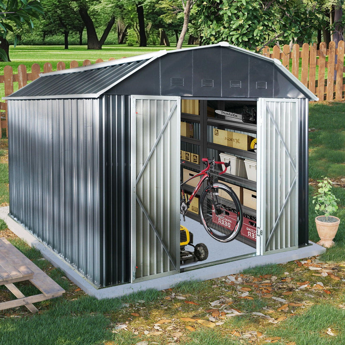 10' x 12' Black Metal Storage Shed with Arch Roof & Lockable Doors