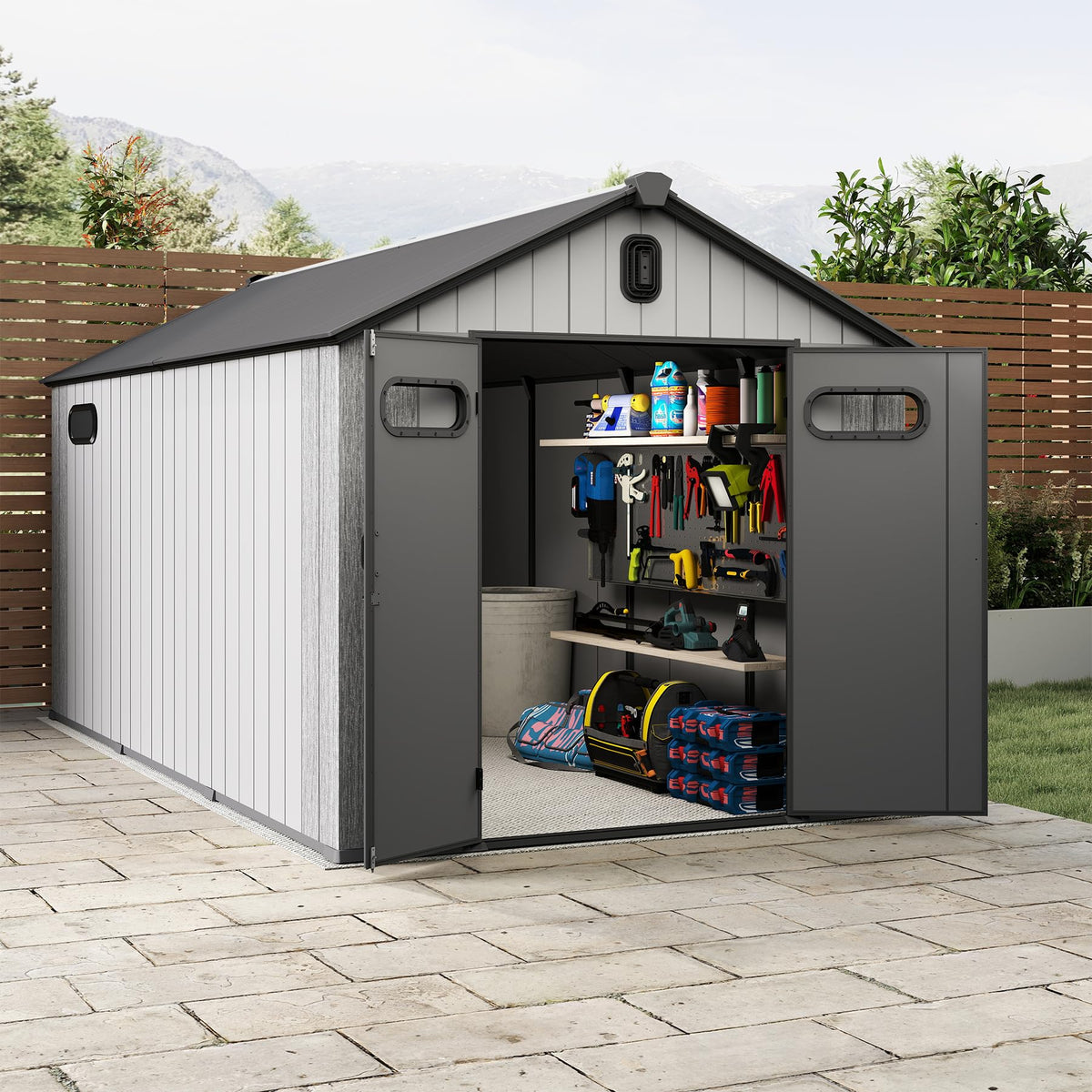 8x16Ft Resin Outdoor Storage Shed with Carpet - Home Outpost Supply