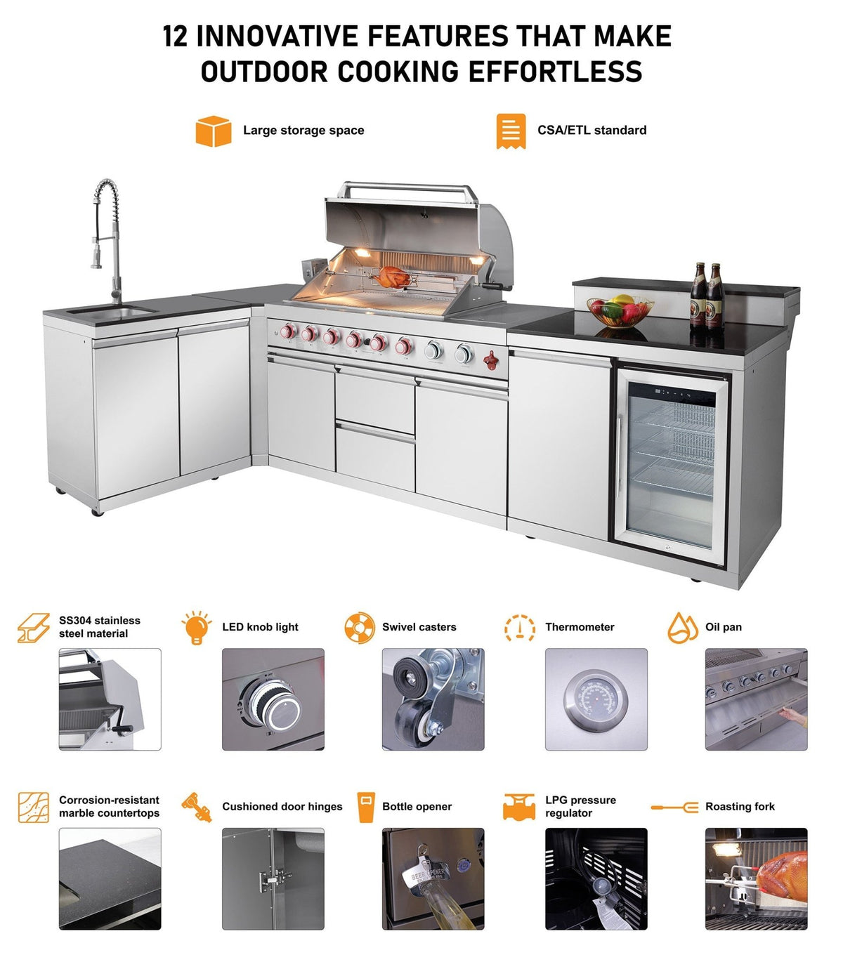 95.8" 6+1 Burner 95,500 BTU Outdoor Kitchen Island Grill Silver + Sink + Refrigerator + Bar Table - Home Outpost Supply