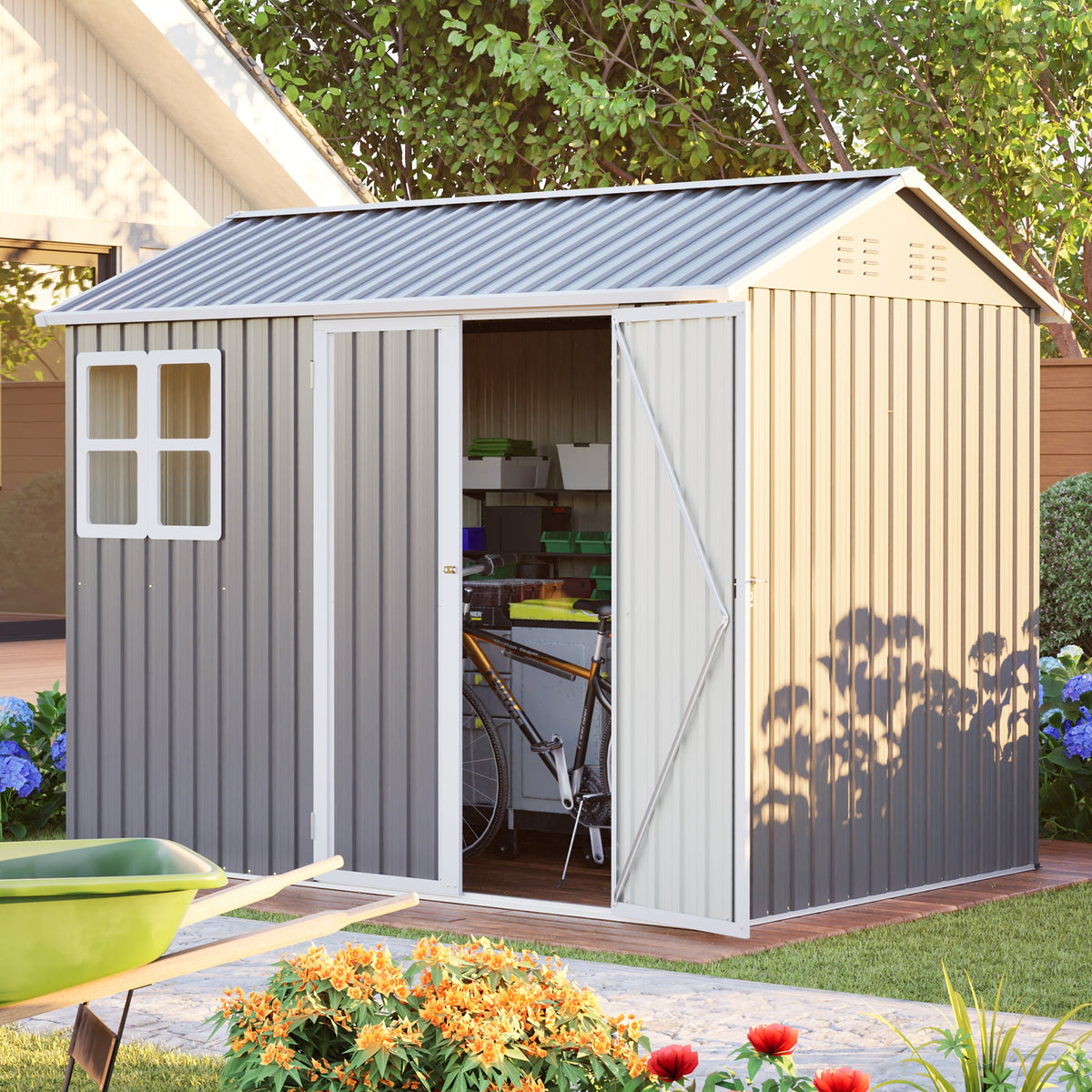 8' x 6' Metal Storage Shed with Window & Lockable Doors – Dark Gray