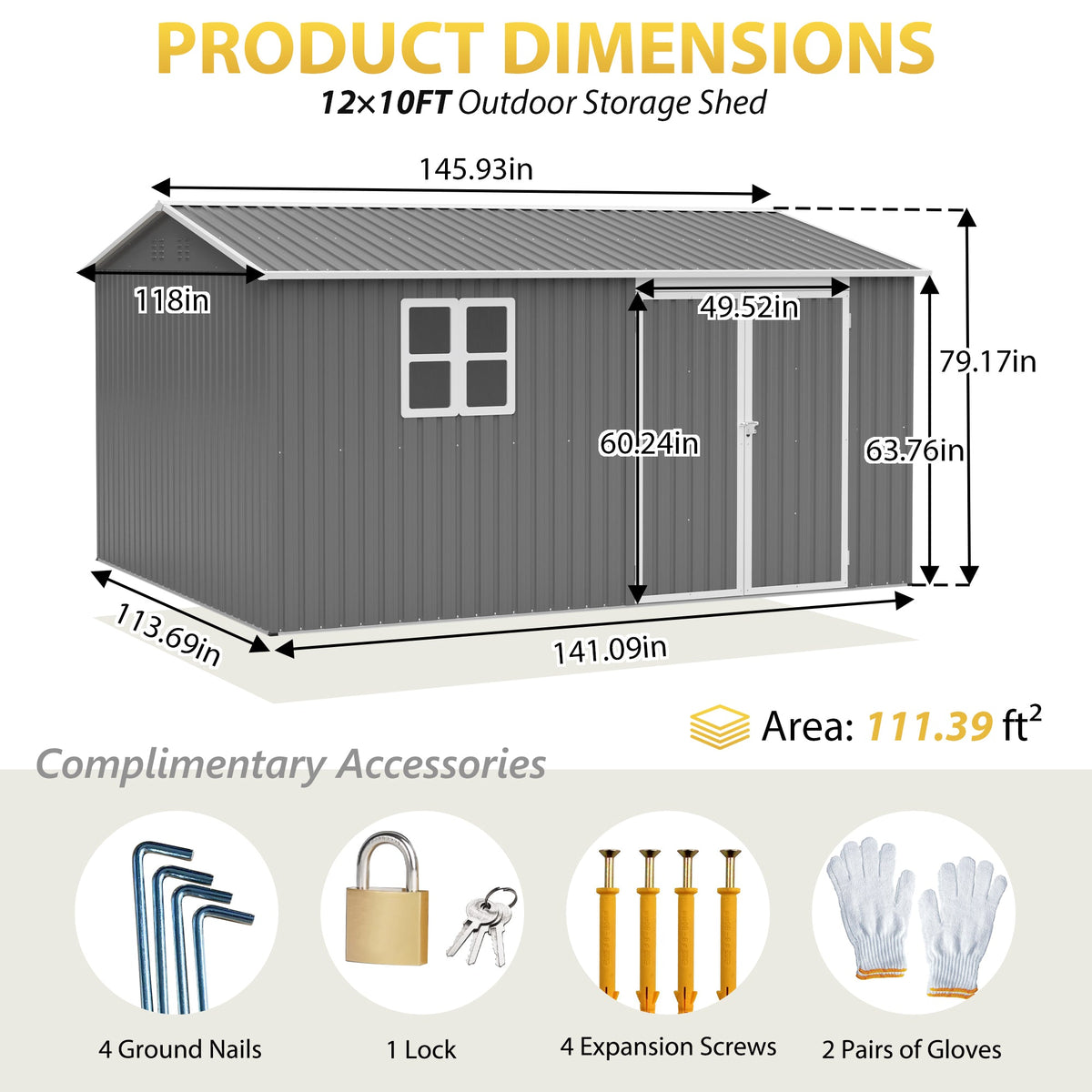 12' x 10' Outdoor Metal Storage Shed with Lockable Double Doors – Grey