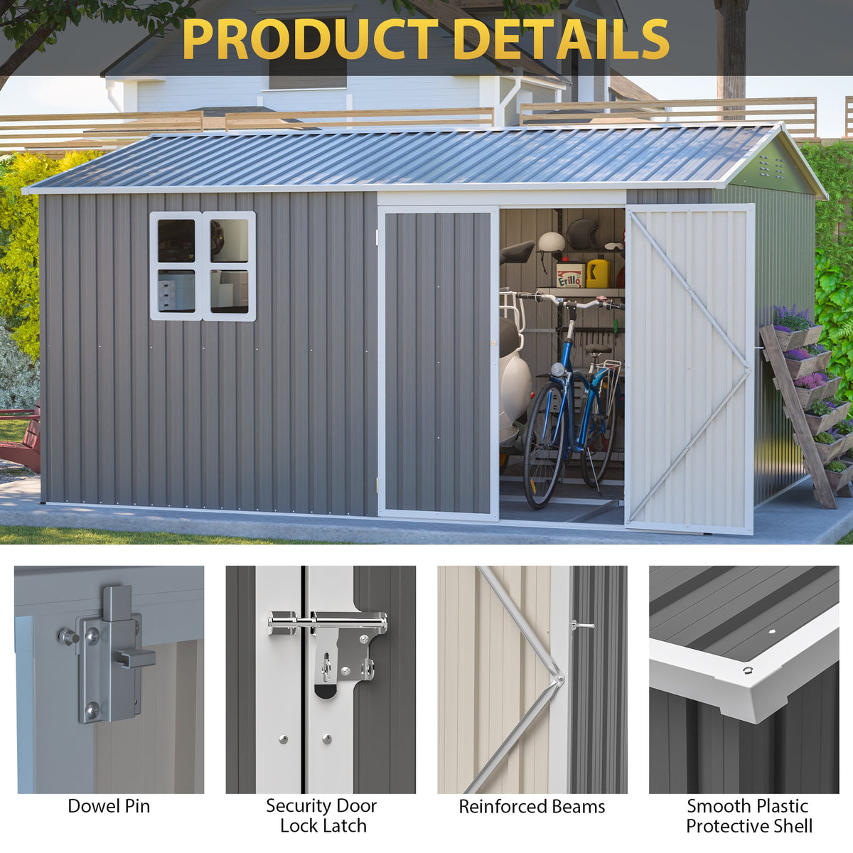12' x 10' Outdoor Metal Storage Shed with Lockable Double Doors – Grey
