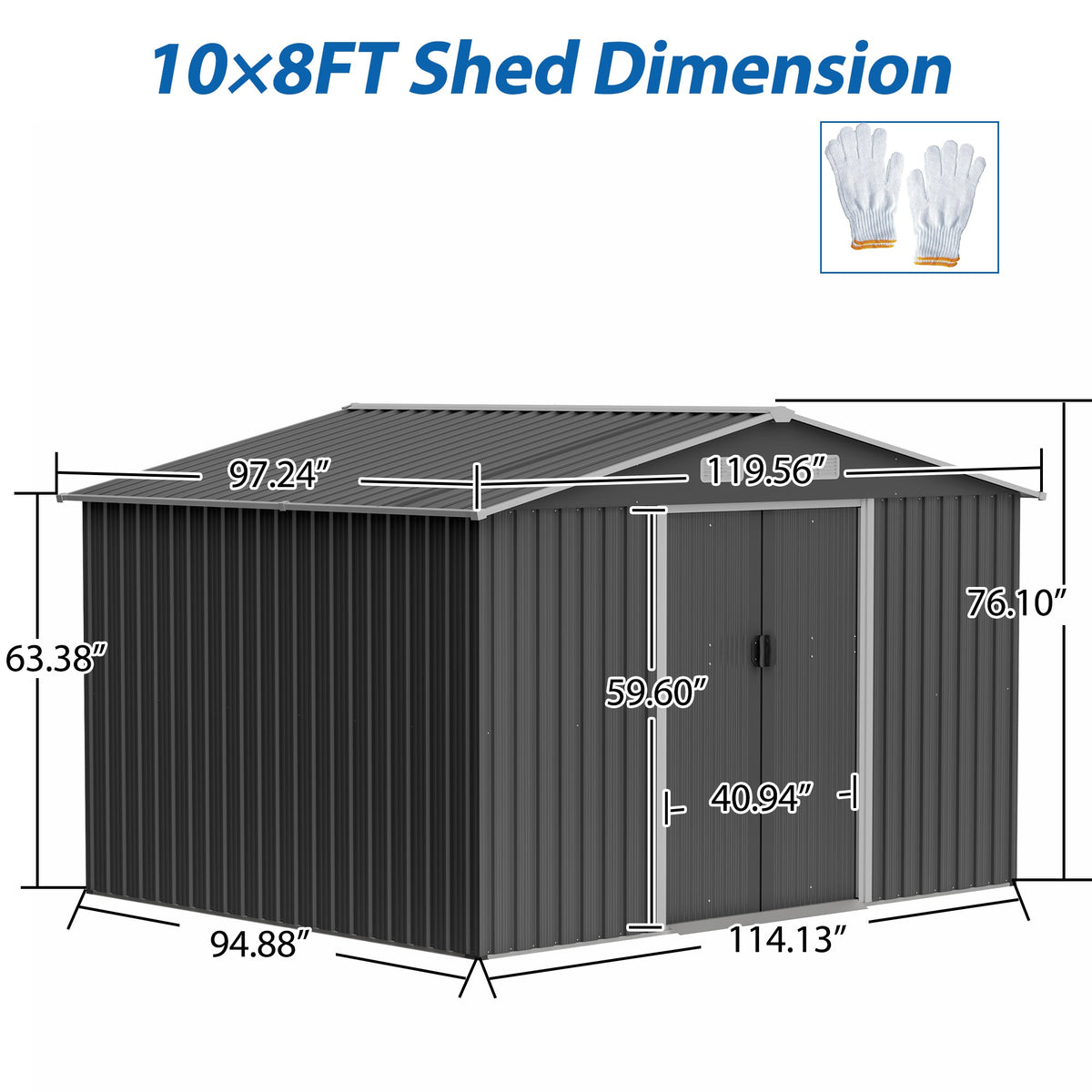 10' x 8' Outdoor Metal Storage Shed with Foundation & Lockable Doors – Gray