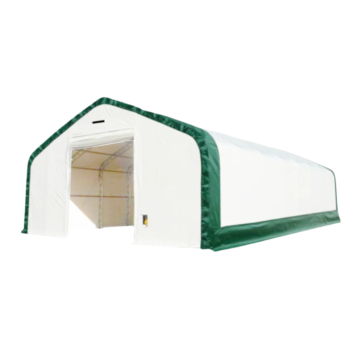 Gold Mountain storage shelter with white cover and green frame, front entrance open