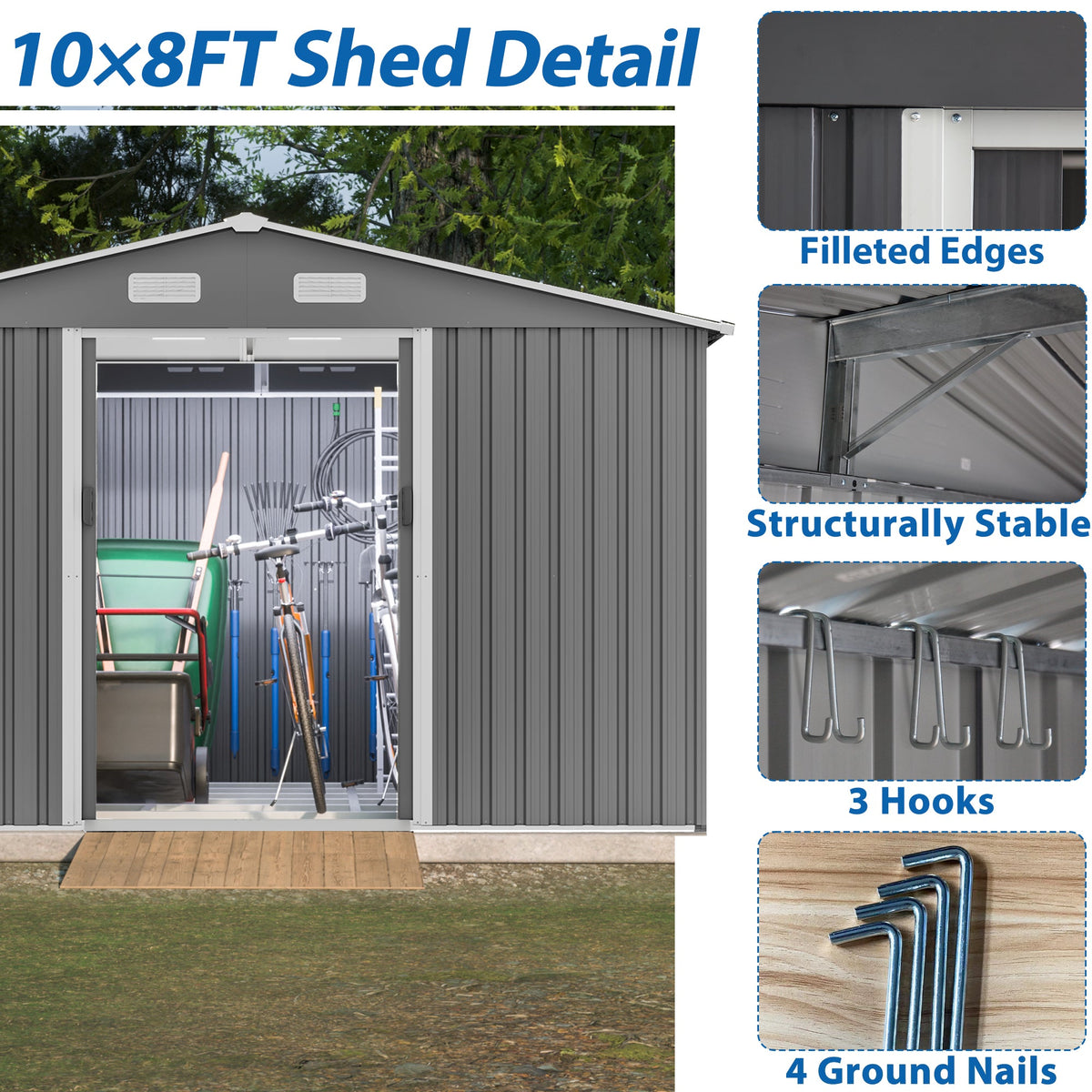 10' x 8' Outdoor Metal Storage Shed with Foundation & Lockable Doors – Gray
