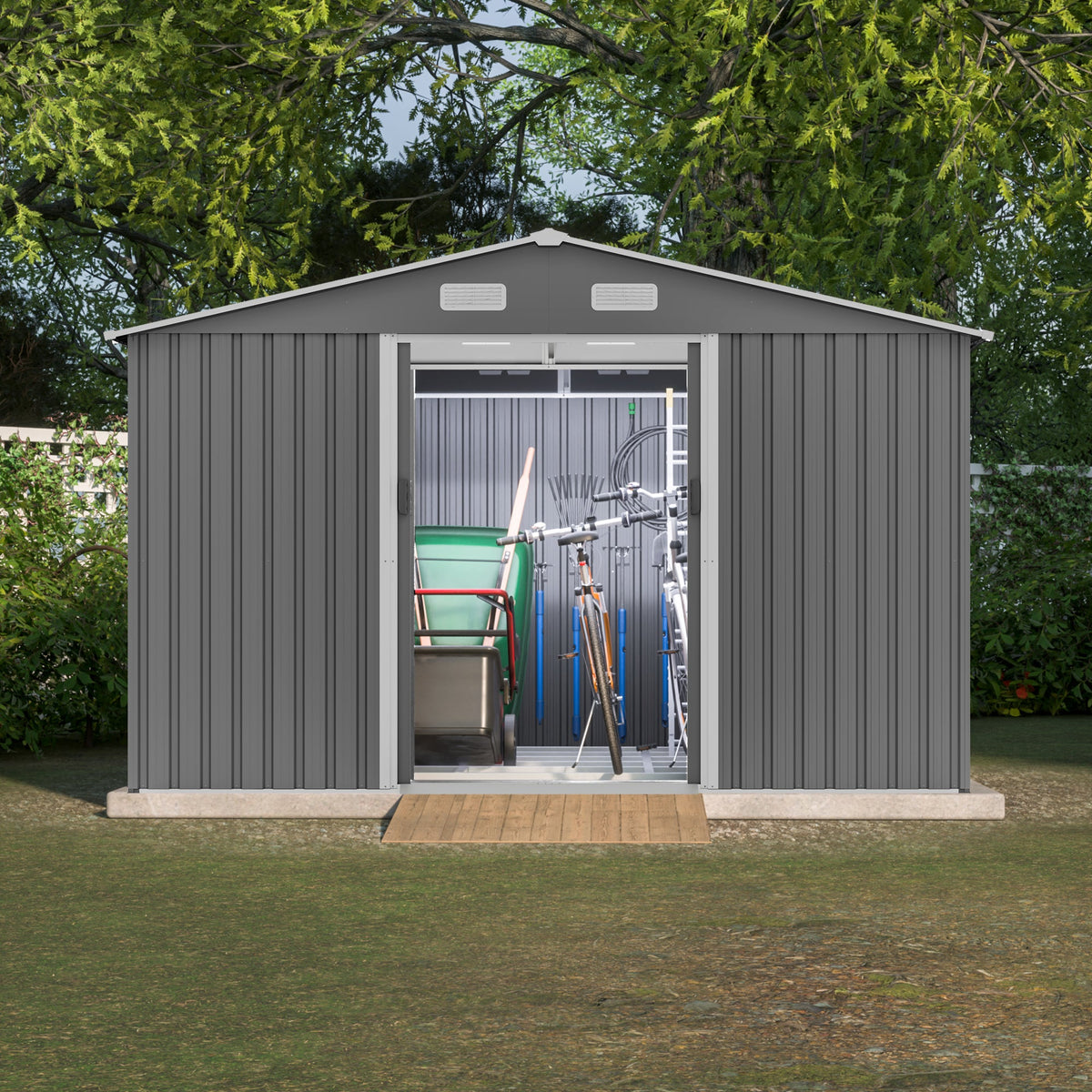 10' x 8' Outdoor Metal Storage Shed with Foundation & Lockable Doors – Gray