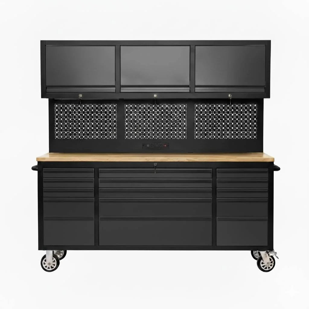 72 inch Rolling Tool Chest with Power Strip, Workbench, Upper Cabinets & Pegboard