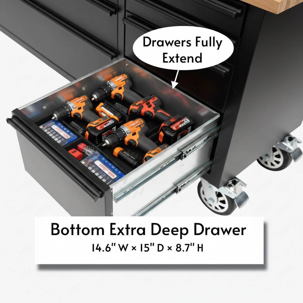 72 inch Rolling Tool Chest with Power Strip, Workbench, Upper Cabinets & Pegboard