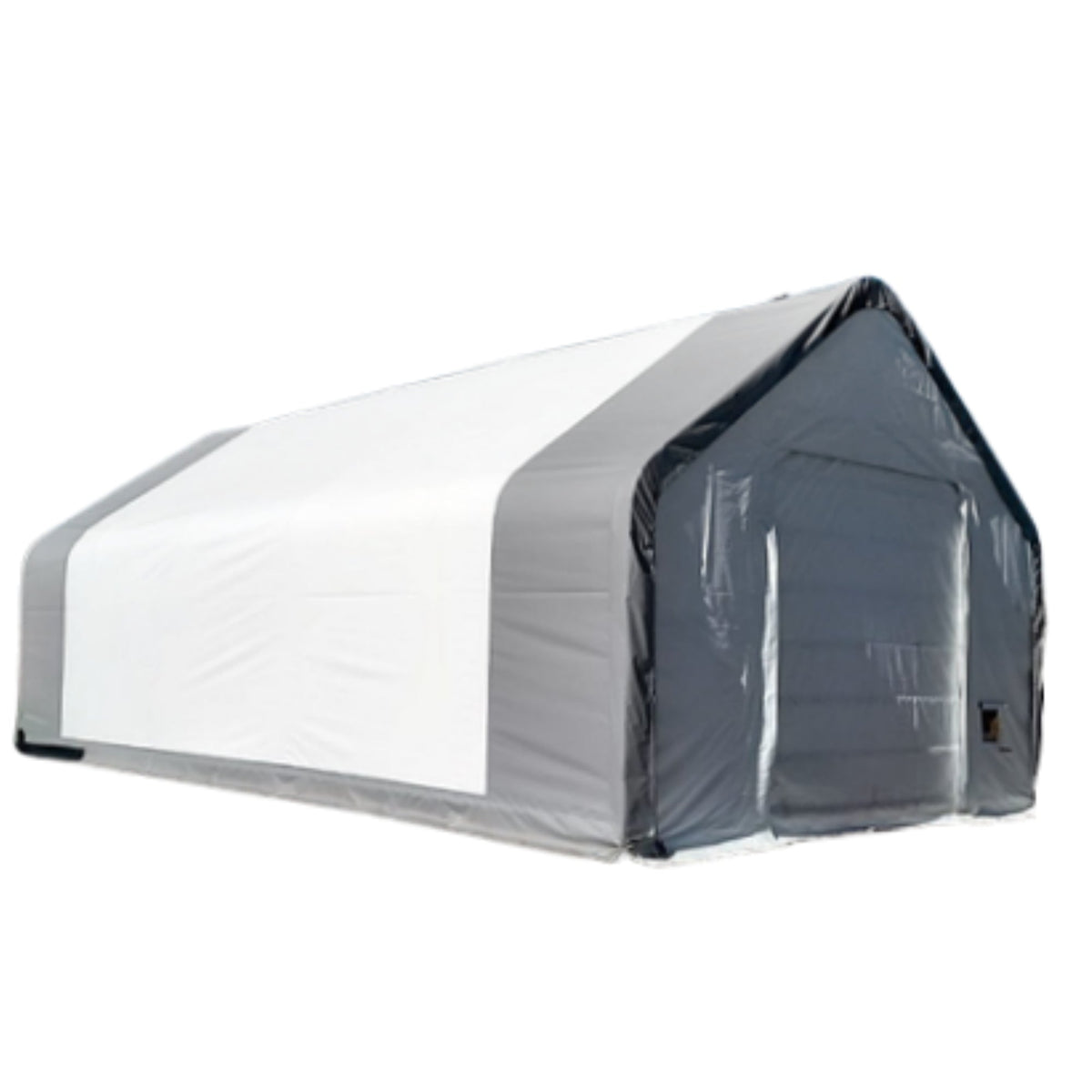 Gold Mountain storage shelter with white and gray fabric, peaked roof design, end door visible
