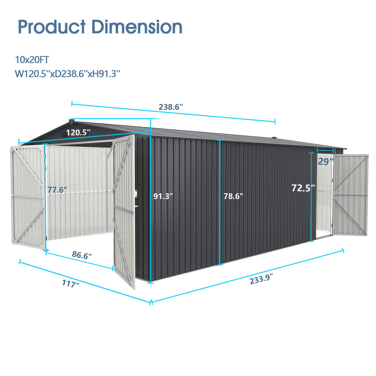 10' x 20' Metal Storage Shed with Double Front & Side Entry Doors
