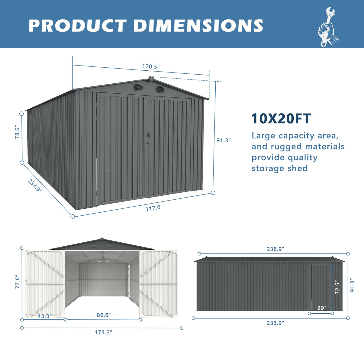 10' x 20' Metal Storage Shed with Double Front & Side Entry Doors
