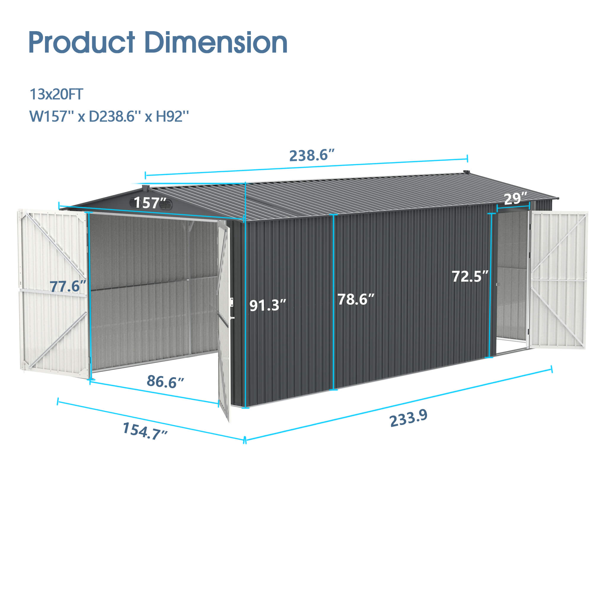 13'x20' Metal Shed with Double Front Doors & Side Entry Door