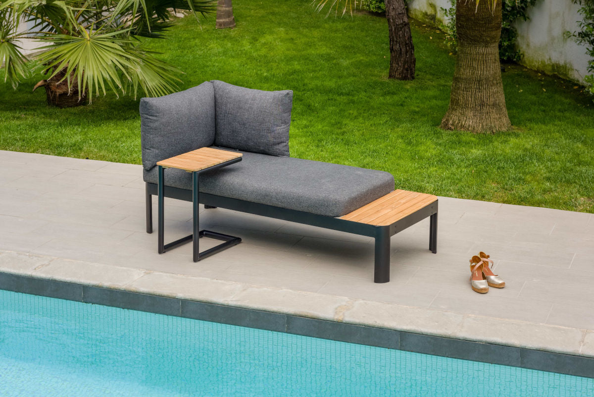 Portals Dark Outdoor 2-Seater Sofa & C-Shaped Teak Side Table Set