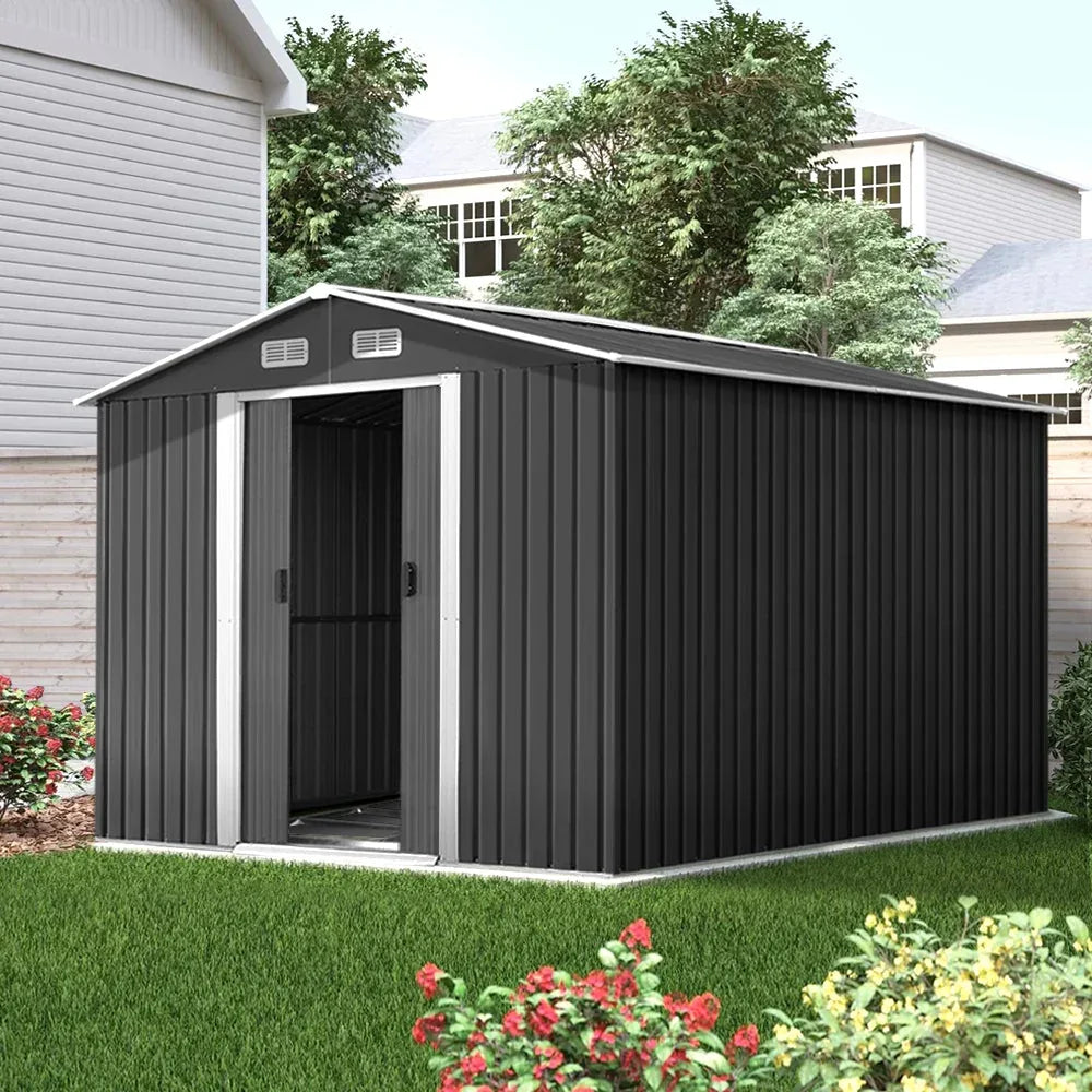 Giantz 8.5' x 12.8' Metal Garden Shed with Sliding Doors & Base Frame