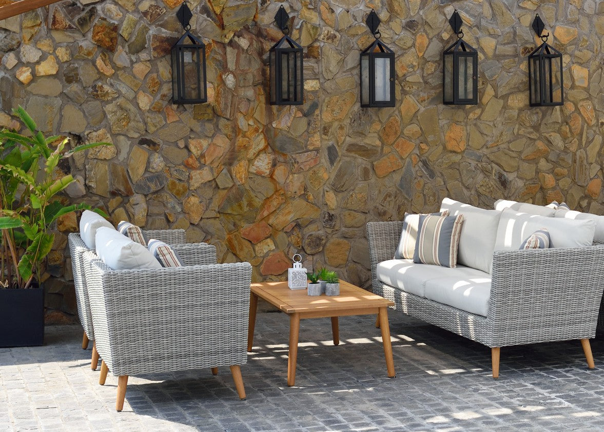 Panther Outdoor Wicker Seating Set with FSC Eucalyptus Wood & Cushions