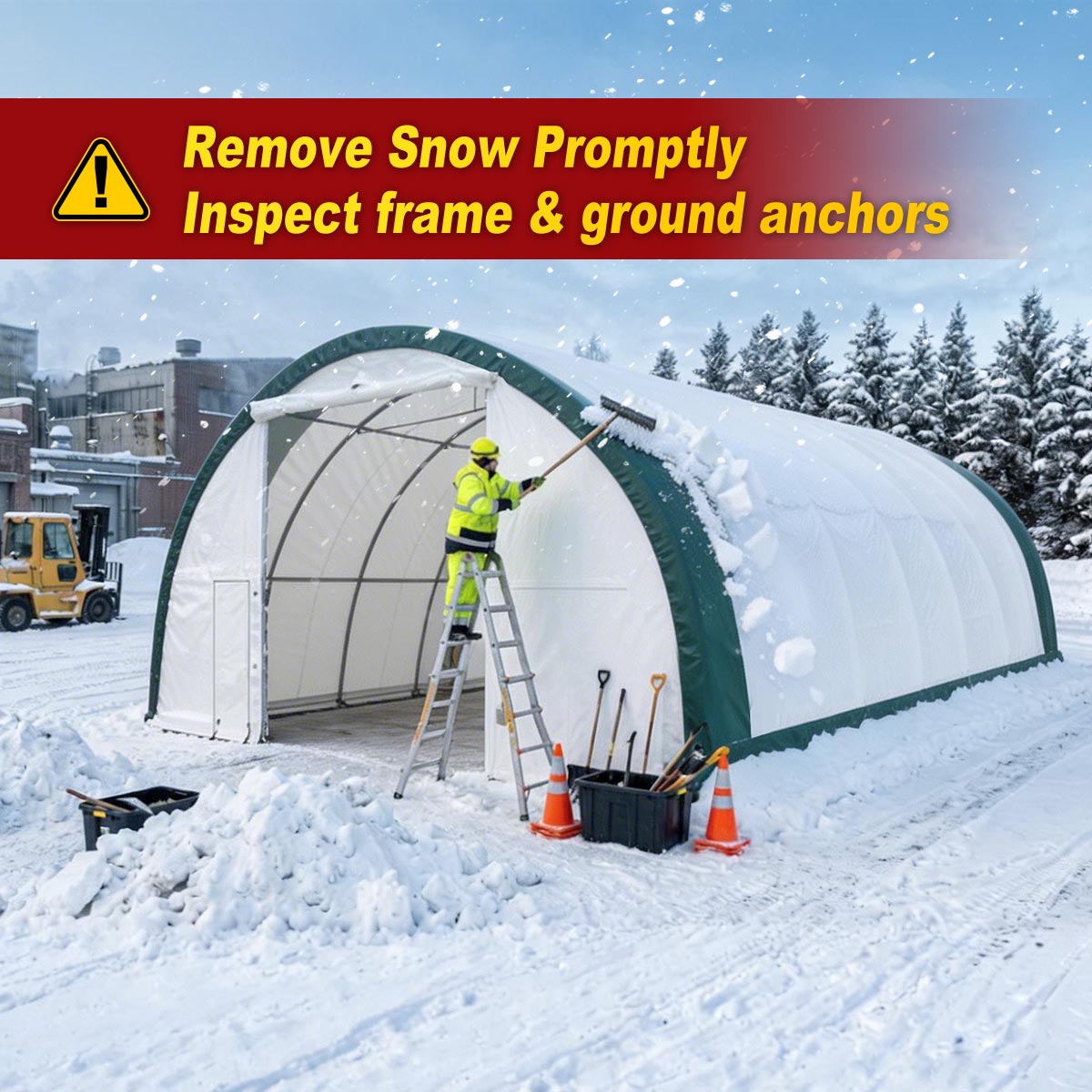 Single truss arch storage shelter in snow with worker on ladder and maintenance warning banner