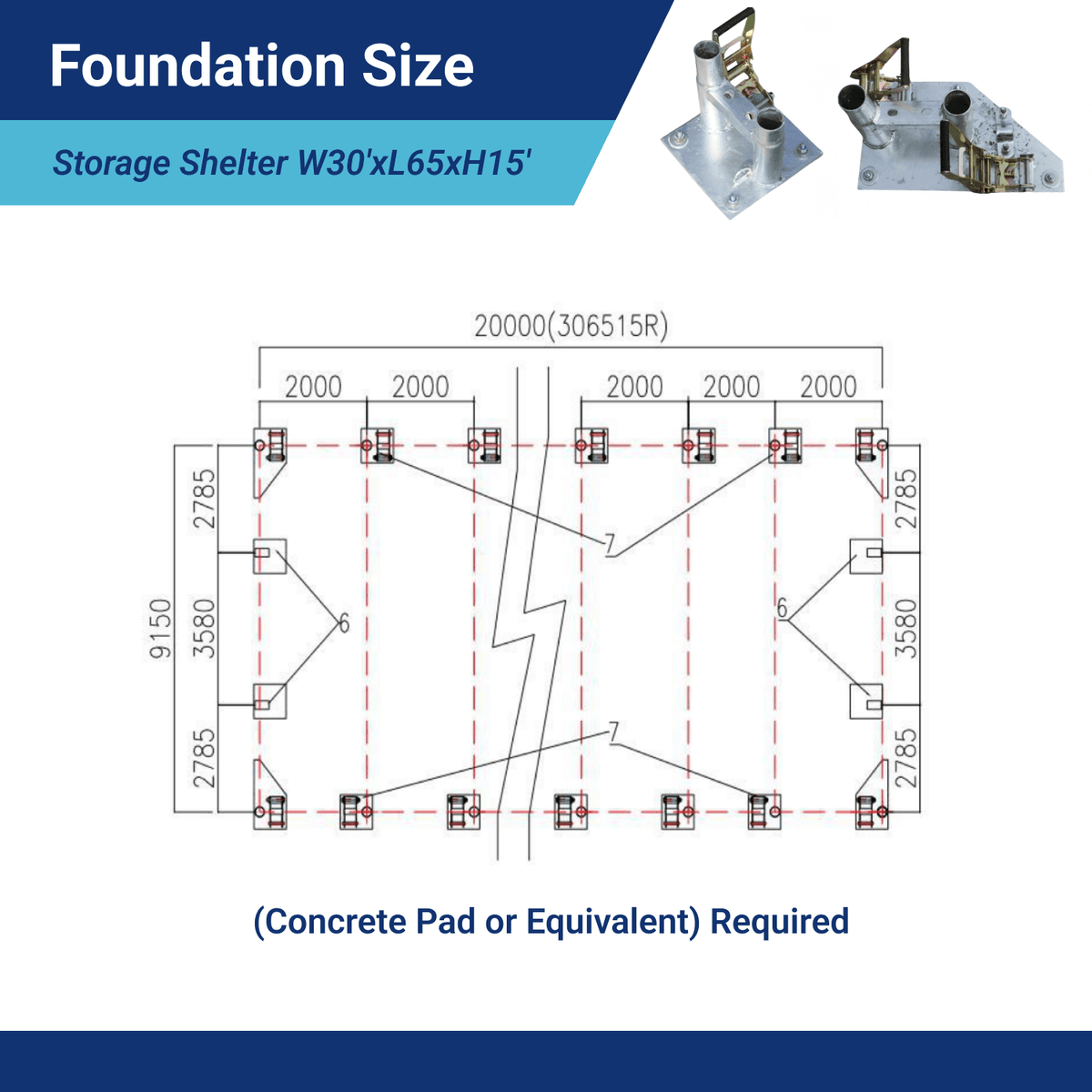 Foundation size diagram for 30' x 65' storage shelter showing concrete pad layout and measurements