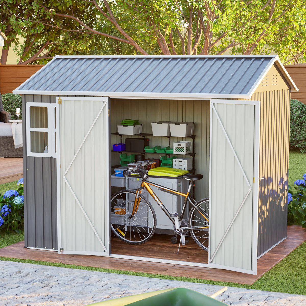 8' x 6' Metal Storage Shed with Window & Lockable Doors – Dark Gray