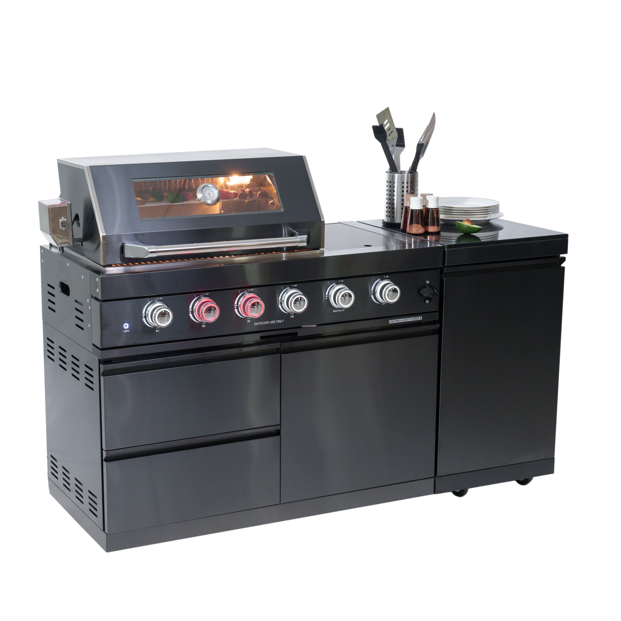 65" 4-Burner 72,000 BTU Black Outdoor Kitchen Island Grill + Side Burner + Rotisserie kit