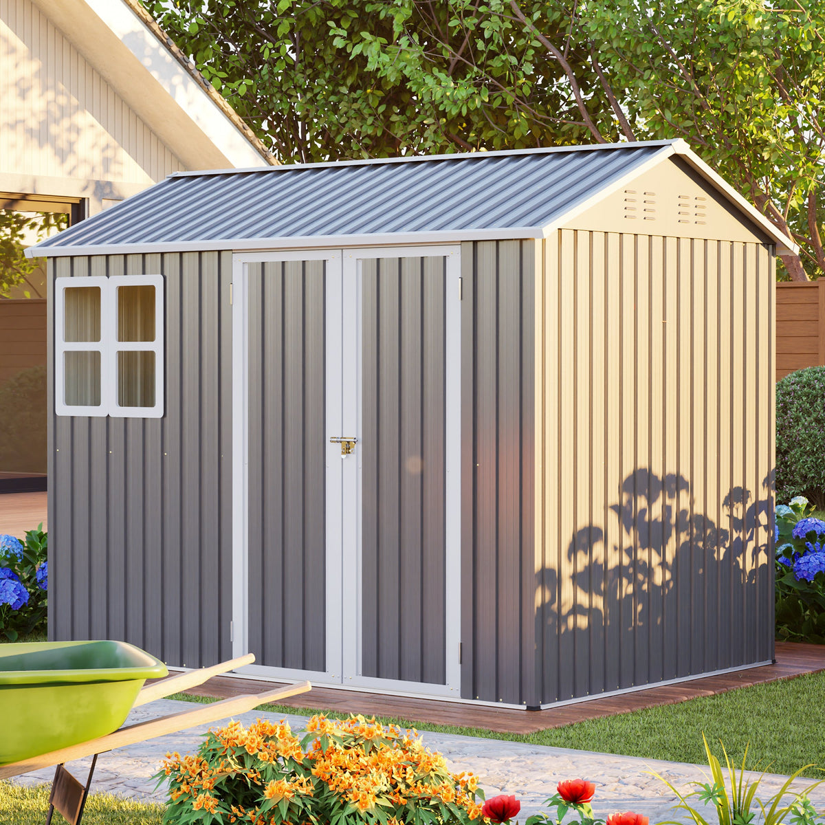 8' x 6' Metal Storage Shed with Window & Lockable Doors – Dark Gray