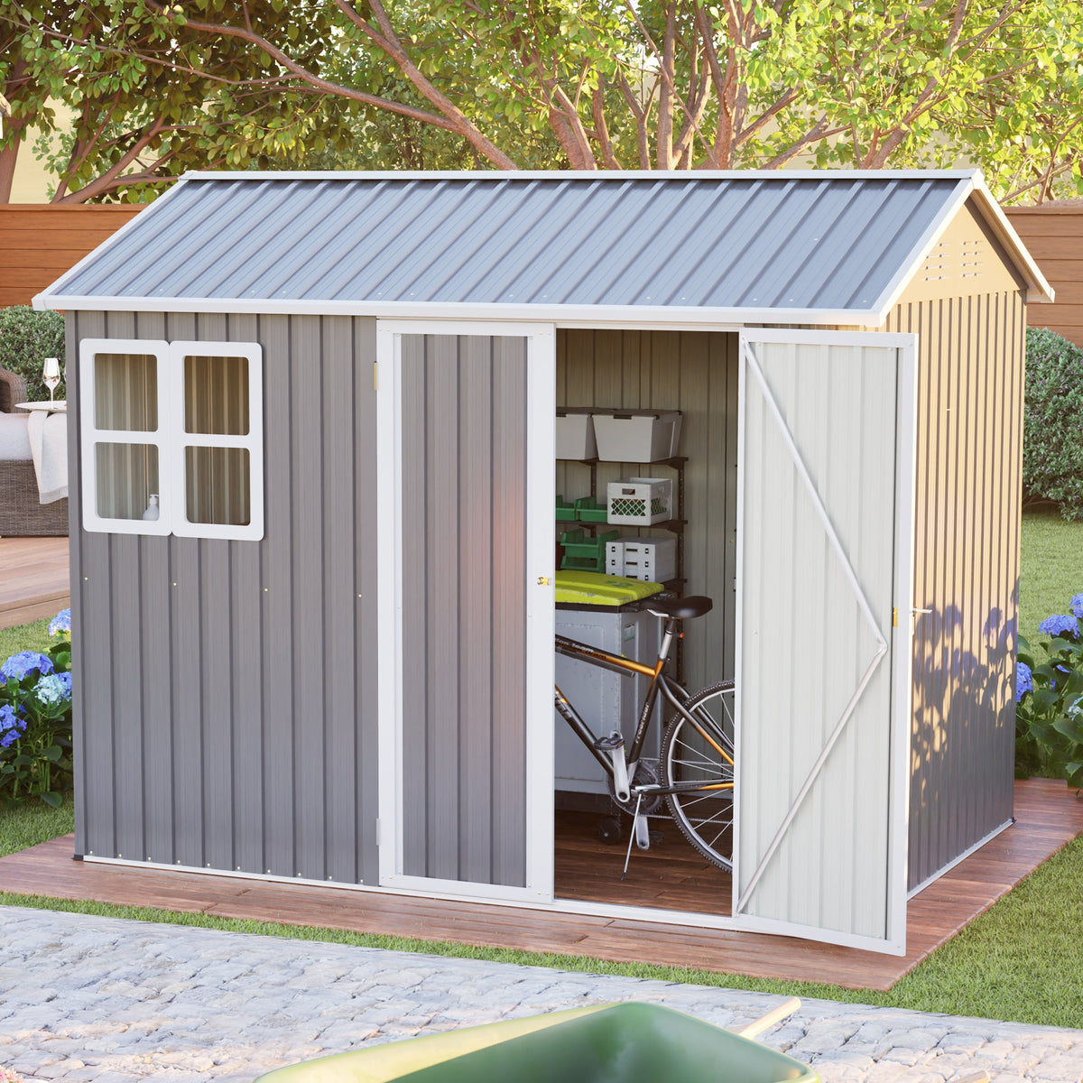8' x 6' Metal Storage Shed with Window & Lockable Doors – Dark Gray