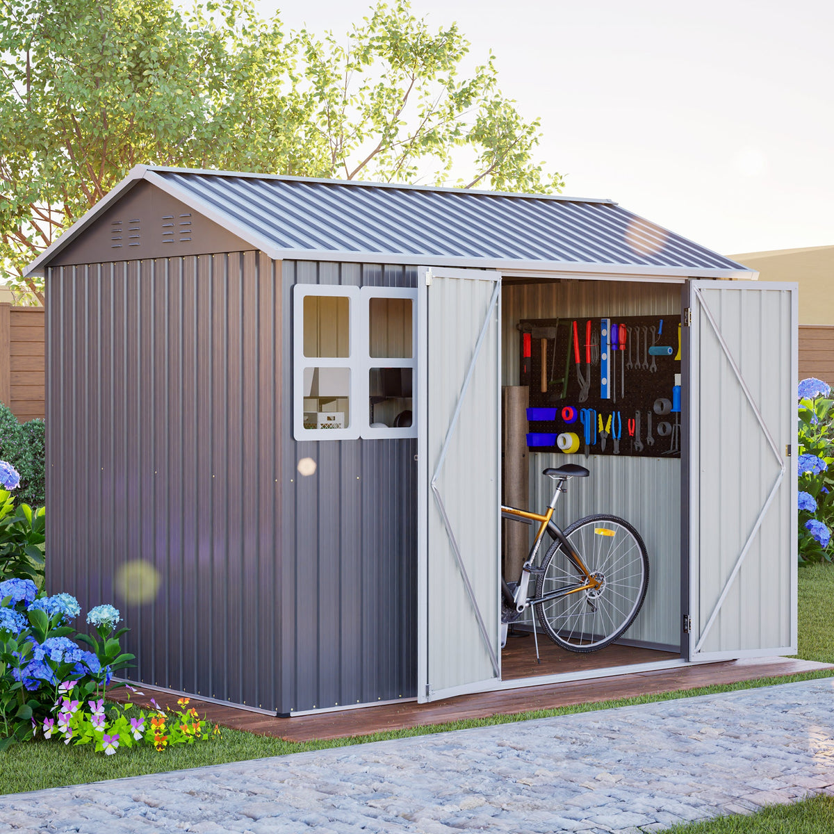 8' x 6' Metal Storage Shed with Window & Lockable Doors – Dark Gray