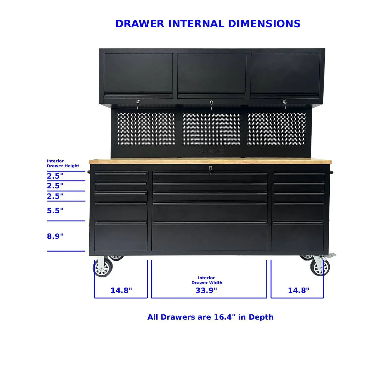 72 inch Rolling Tool Chest with Power Strip, Workbench, Upper Cabinets & Pegboard