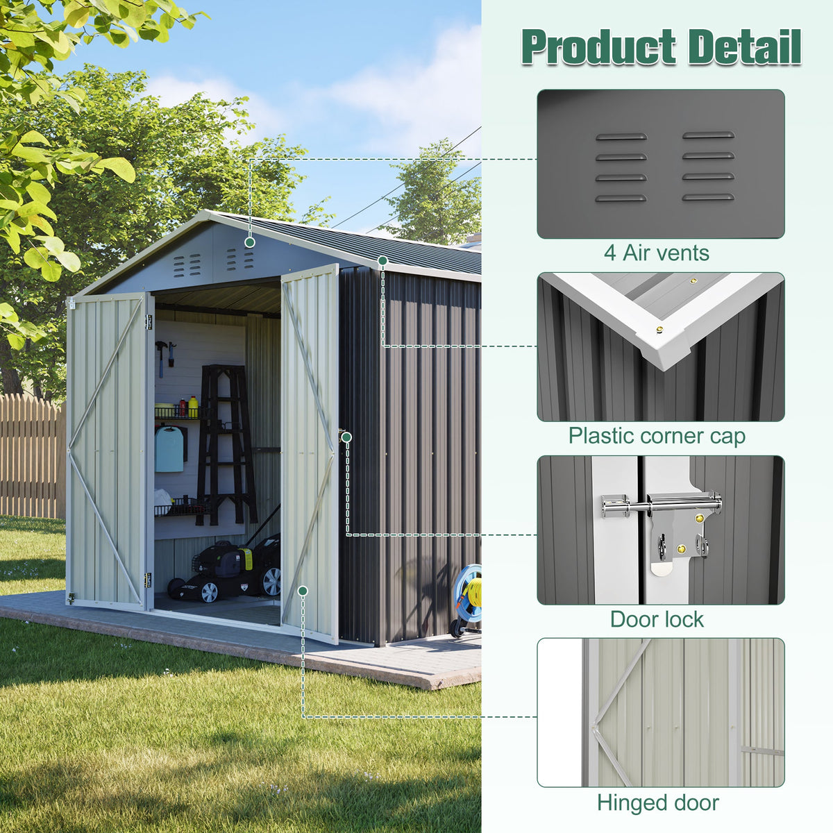 8' x 12' Lockable Metal Storage Shed with Aluminum Frame – Gray