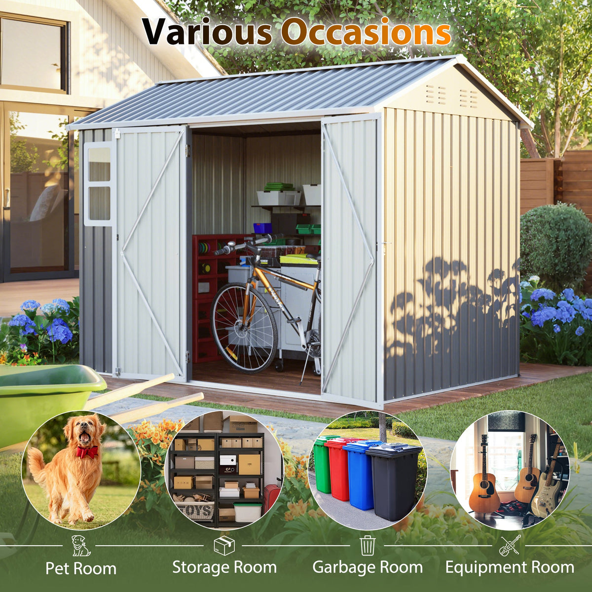 8' x 6' Metal Storage Shed with Window & Lockable Doors – Dark Gray