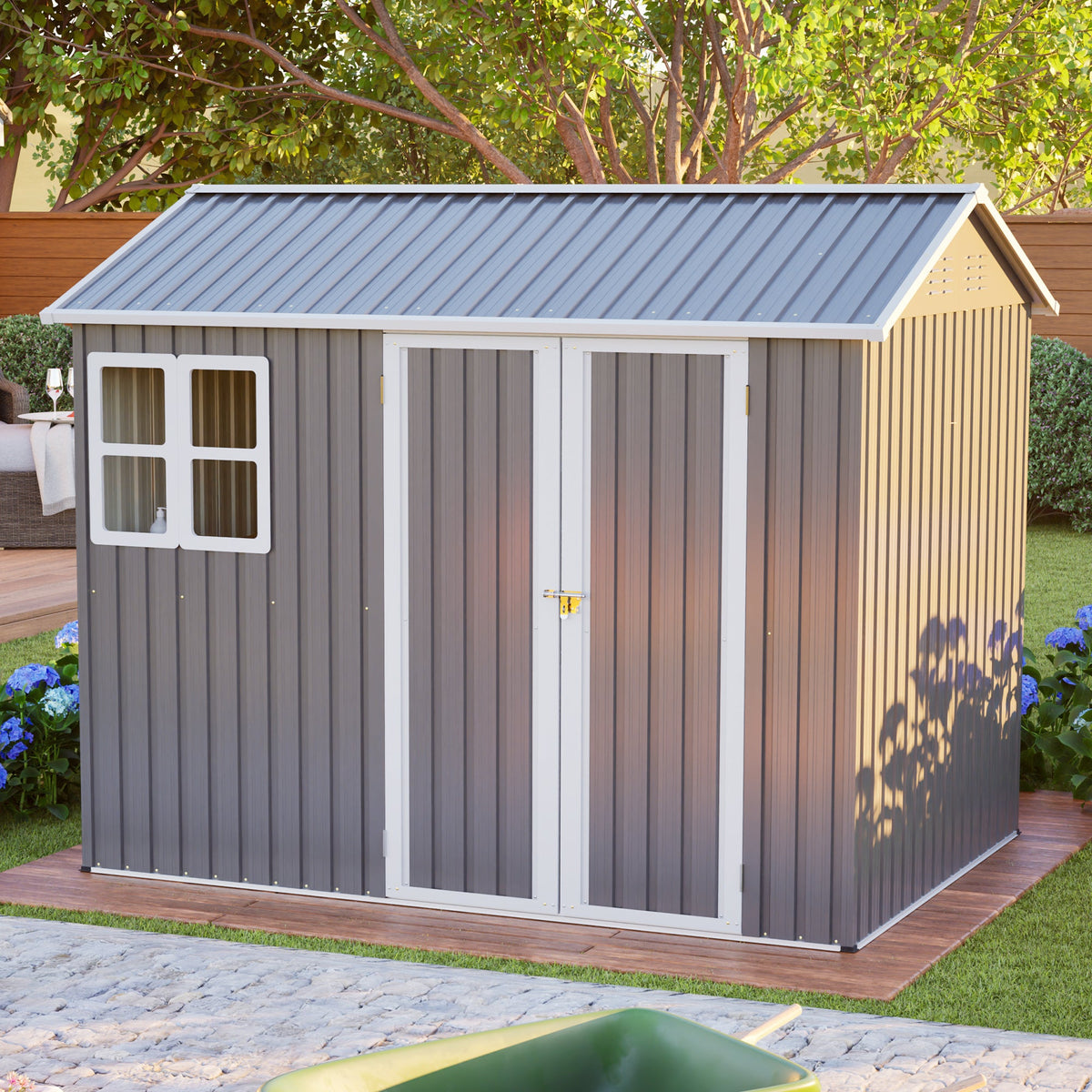 8' x 6' Metal Storage Shed with Window & Lockable Doors – Dark Gray