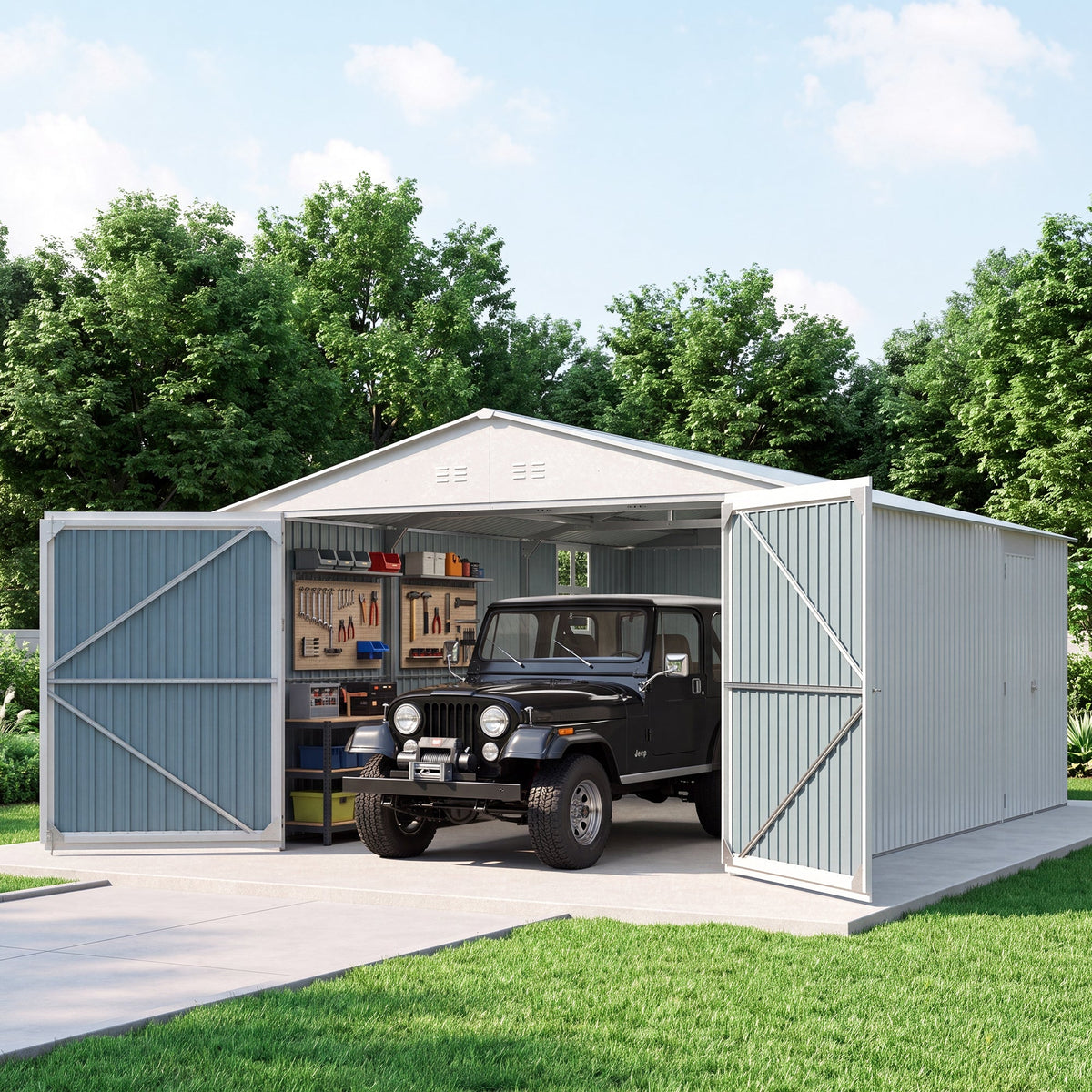 20' x 13' Metal Storage Shed with Skylight, Double Doors & Side Entry