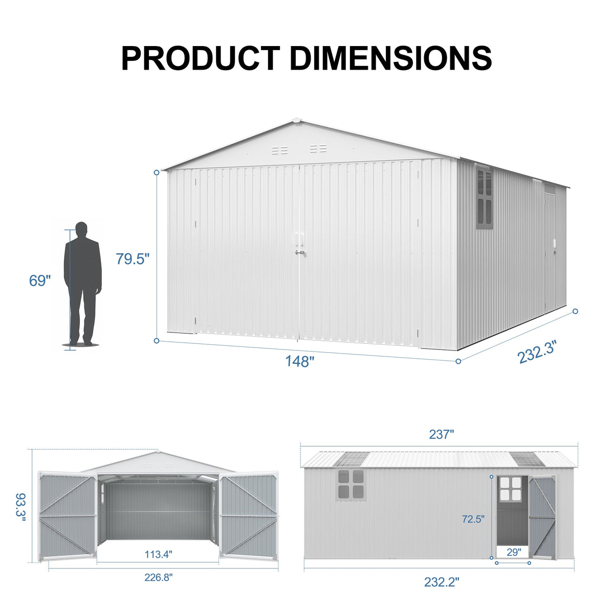 20' x 13' Metal Storage Shed with Skylight, Double Doors & Side Entry