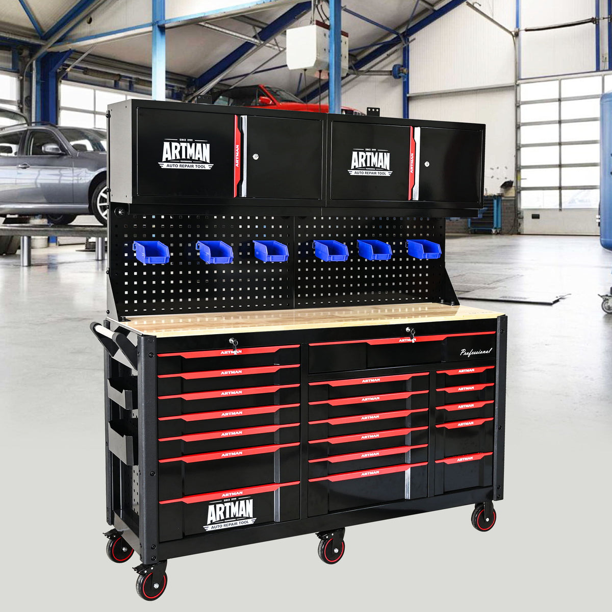 Heavy Duty Tool Cart With 19 Drawers, Tools Not Included, Mobile Storage For Workshop Or Laboratory - Black / Red - Home Outpost Supply