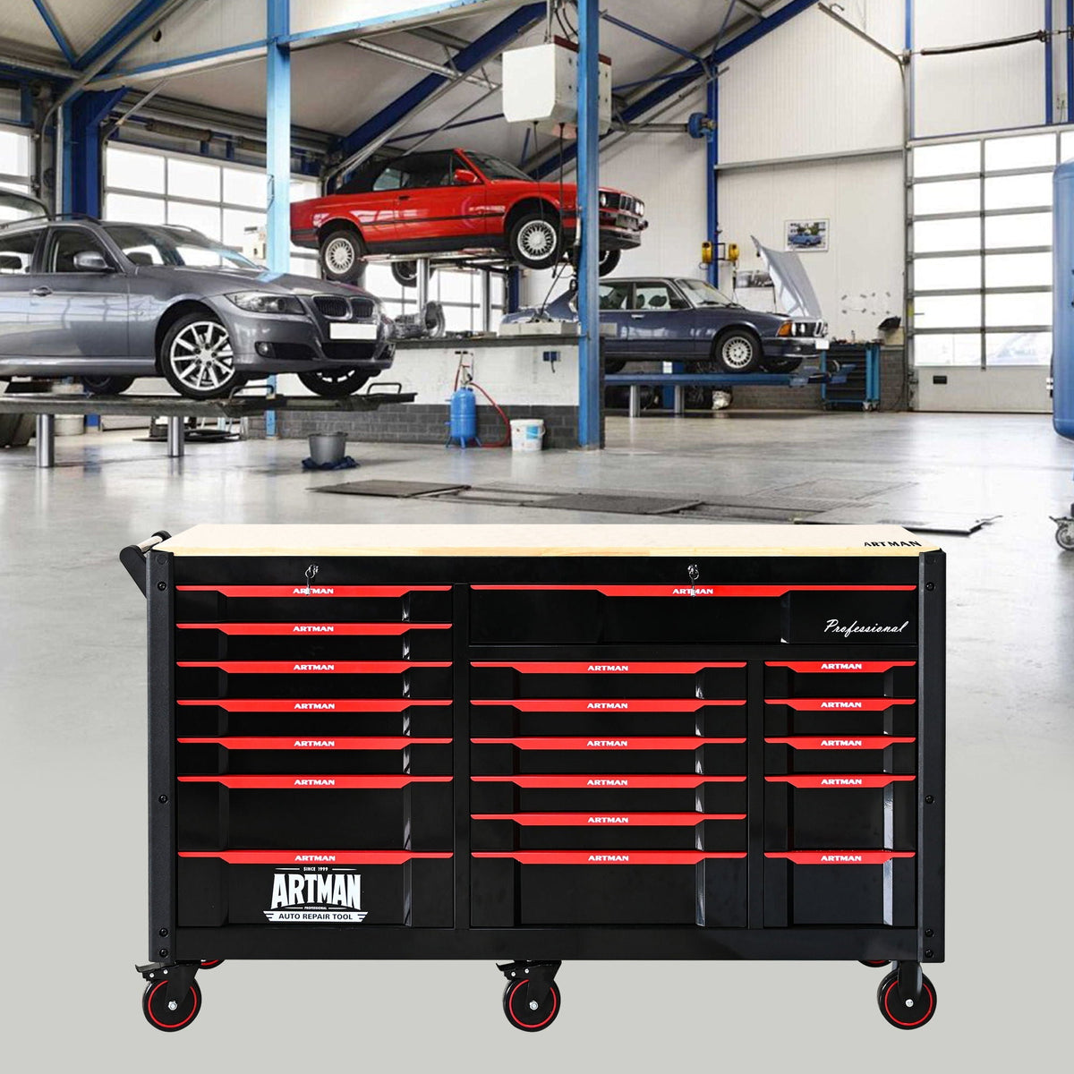 Heavy Duty Tool Cart With 19 Drawers, Tools Not Included, Mobile Storage For Workshop Or Laboratory - Black / Red - Home Outpost Supply