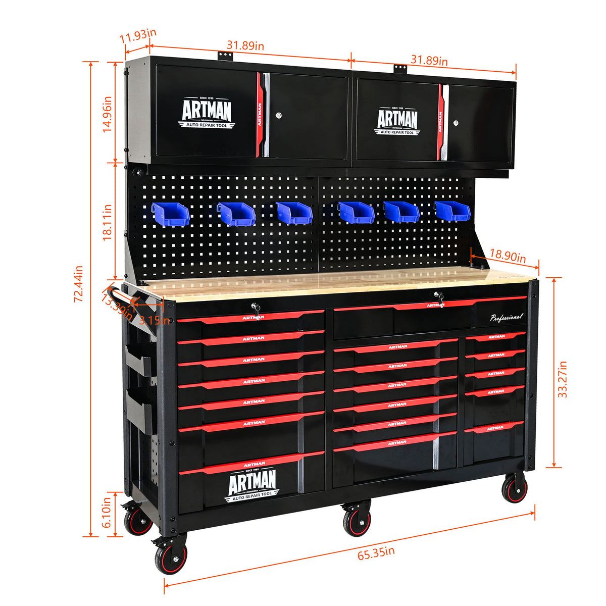 Heavy Duty Tool Cart With 19 Drawers, Tools Not Included, Mobile Storage For Workshop Or Laboratory - Black / Red - Home Outpost Supply