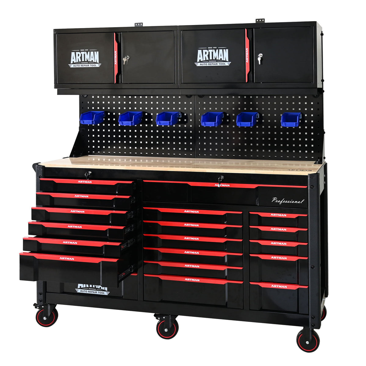 Heavy Duty Tool Cart With 19 Drawers, Tools Not Included, Mobile Storage For Workshop Or Laboratory - Black / Red - Home Outpost Supply