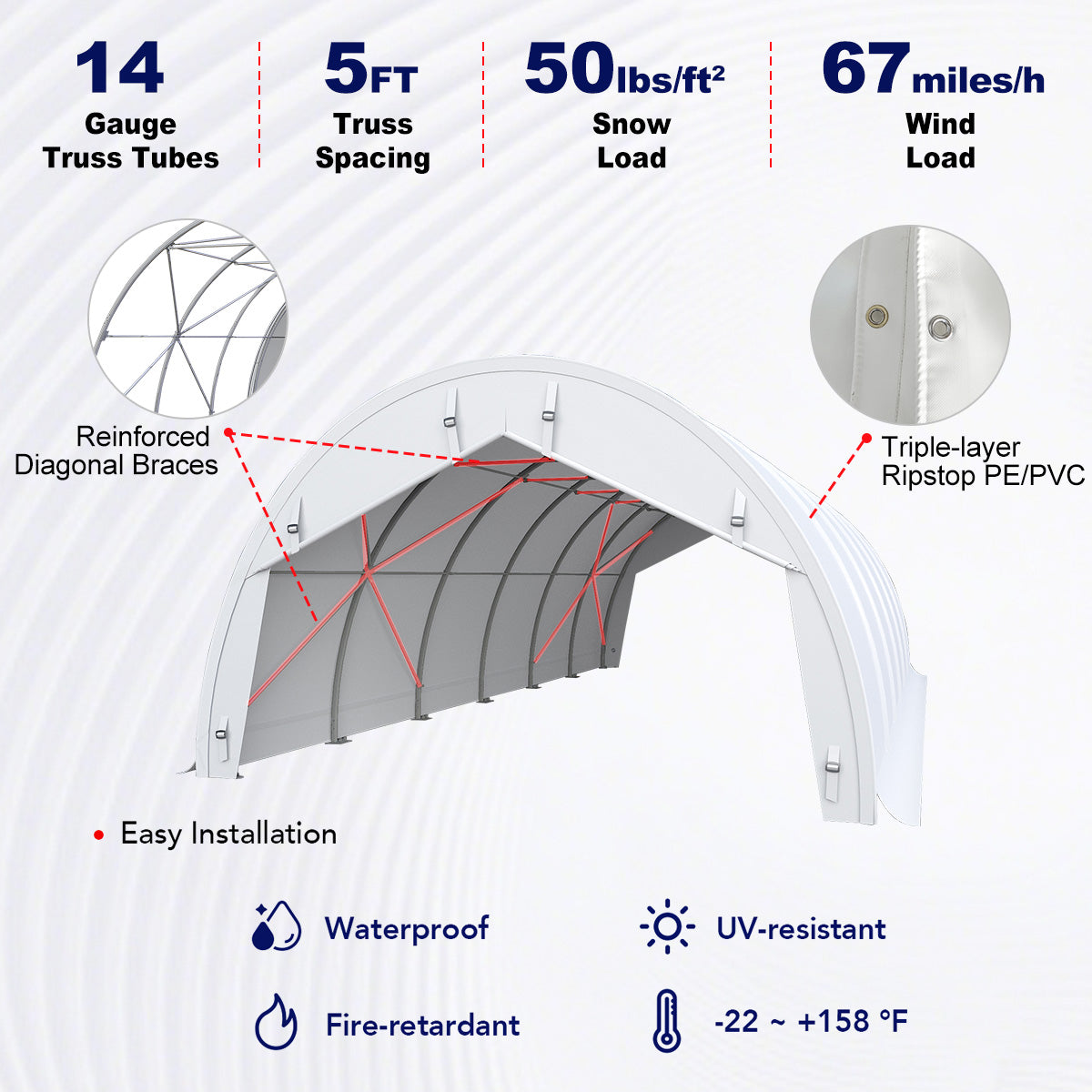 W20'xL30'xH12' Single Truss Storage Shelter, Reinforced Series specification diagram