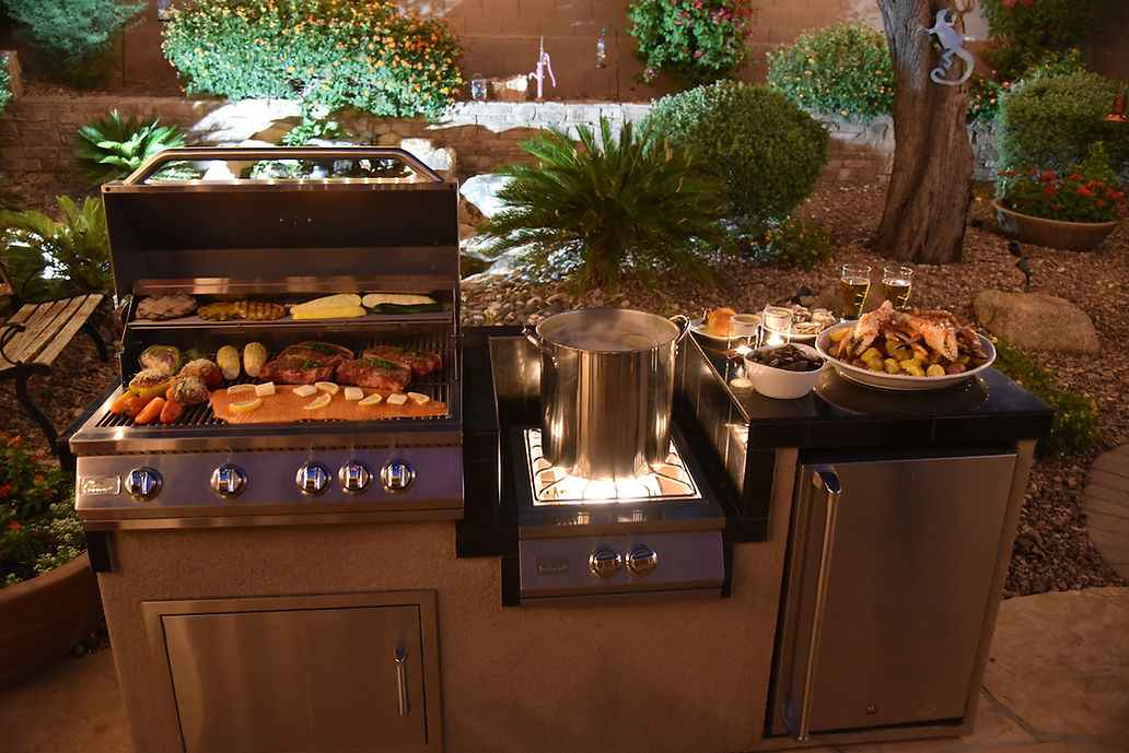 KoKoMo BBQ Island - 7'6" Outdoor Kitchen with 4-Burner Grill, Wok Burner & Refrigerator - Home Outpost Supply