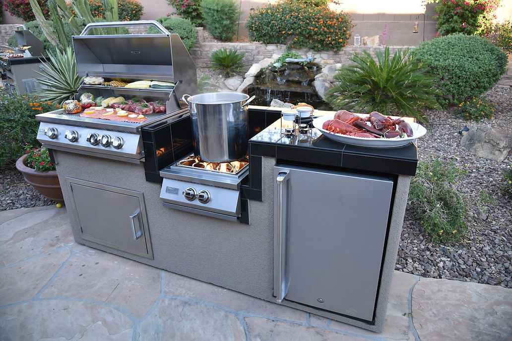 KoKoMo BBQ Island - 7'6" Outdoor Kitchen with 4-Burner Grill, Wok Burner & Refrigerator - Home Outpost Supply