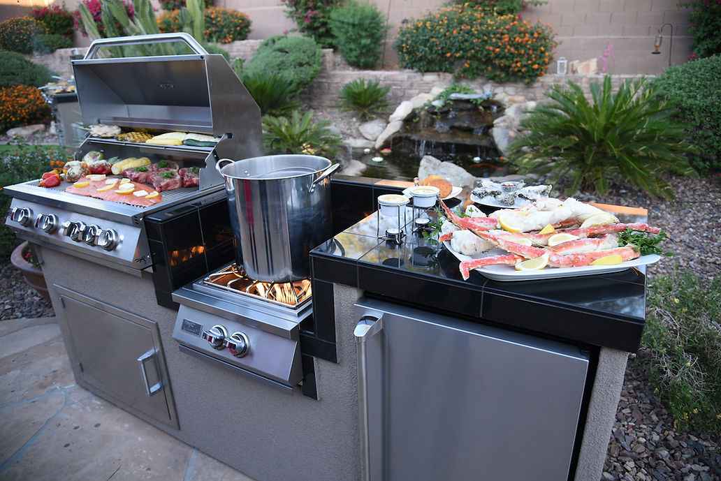 KoKoMo BBQ Island - 7'6" Outdoor Kitchen with 4-Burner Grill, Wok Burner & Refrigerator - Home Outpost Supply
