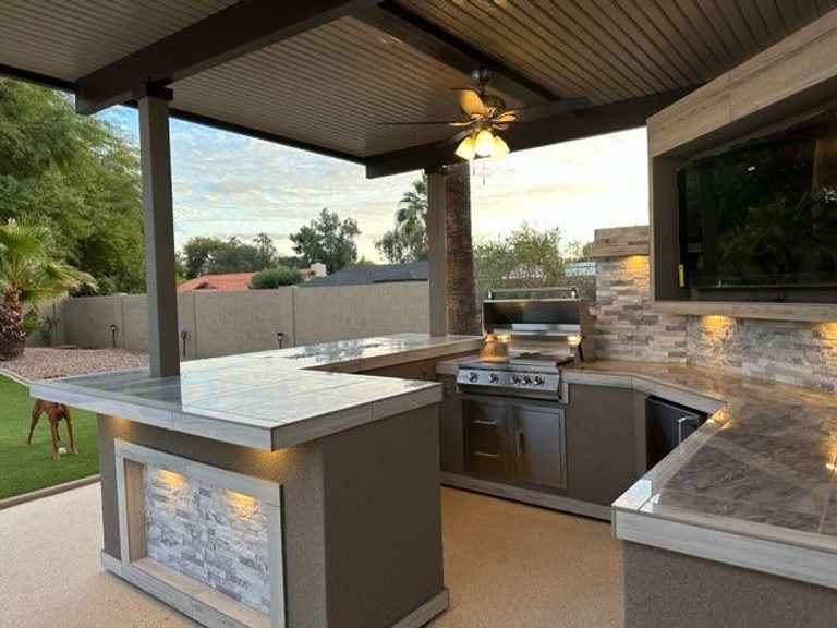 KoKoMo Bermuda Kitchen BBQ Island with Built-In TV, Fire Pit & Bar for Ultimate Outdoor Entertaining - Home Outpost Supply