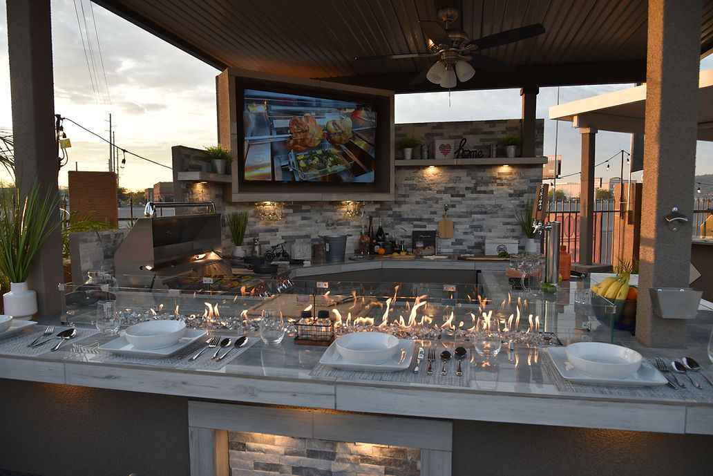 KoKoMo Bermuda Kitchen BBQ Island with Built-In TV, Fire Pit & Bar for Ultimate Outdoor Entertaining - Home Outpost Supply